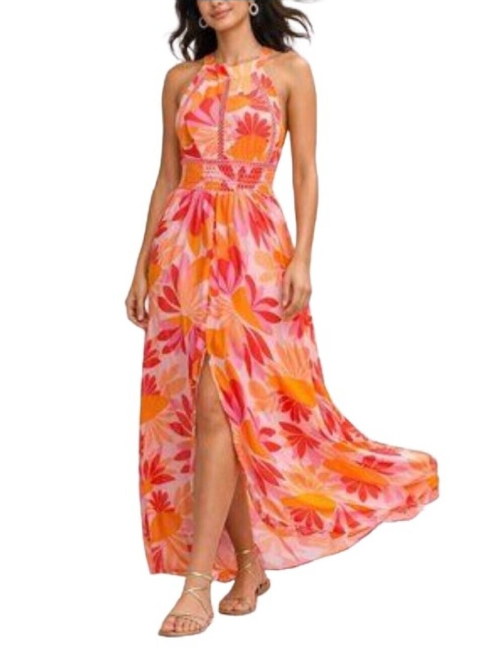 ANTHRO Abel The Label 'Rumi' Floral Halter Maxi Dress Sz S Pink/Orange Boho